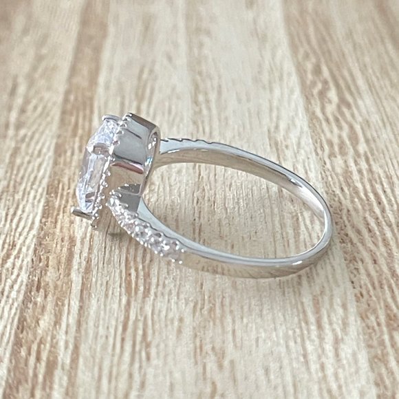 Radiant White Sapphire Halo Ring - Platinum Plated - Picture 2 of 5